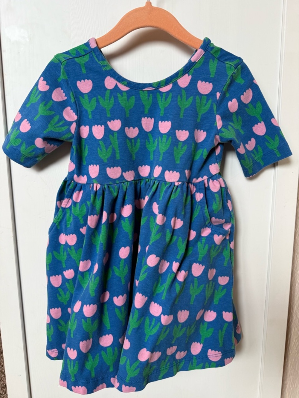 Hanna Andersson Blue Dress with Pink Tulip & Green Leaf Print 2T